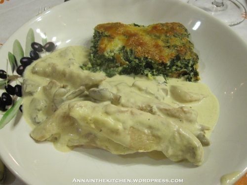 Chicken and mushrooms in a brandy cream sauce with spinach and ricotta bake